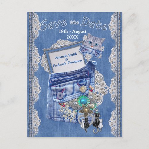 Denim Pocket with Costume Jewelry and a kitten Announcement Postcard