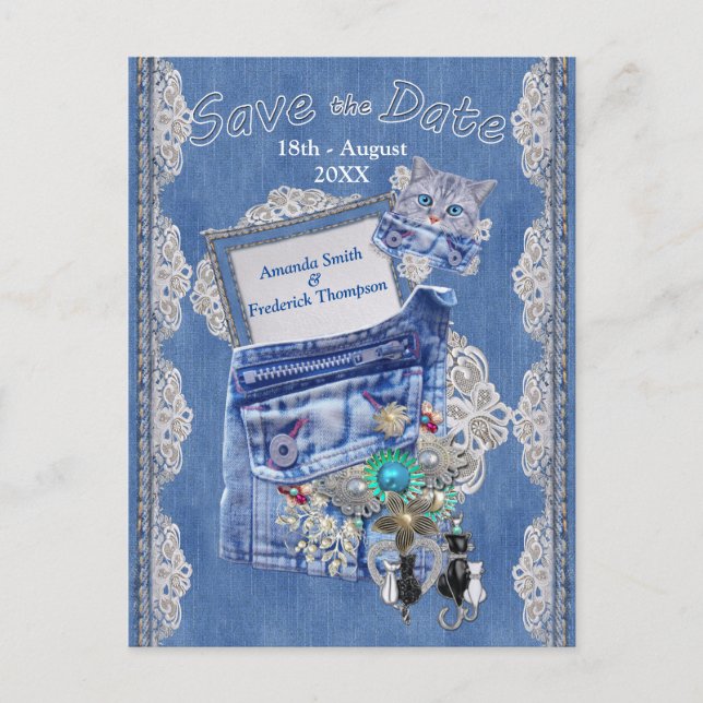 Denim Pocket with Costume Jewelry and a kitten Announcement Postcard (Front)
