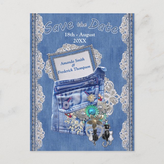 Denim Pocket with Costume Jewelry and Lace Announcement Postcard (Front)