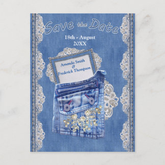 Denim Pocket with Cream Flower Lace Announcement Postcard