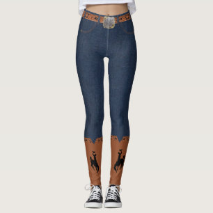 Denim Print Leggings Belt And Cowboy Boots Bronc