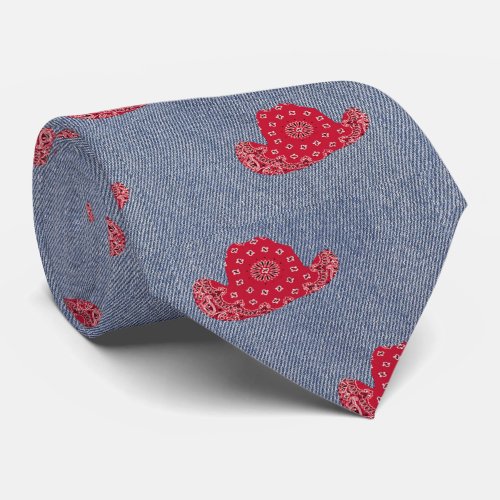 Denim Print With Red Bandana Cowboy Hats Western Neck Tie