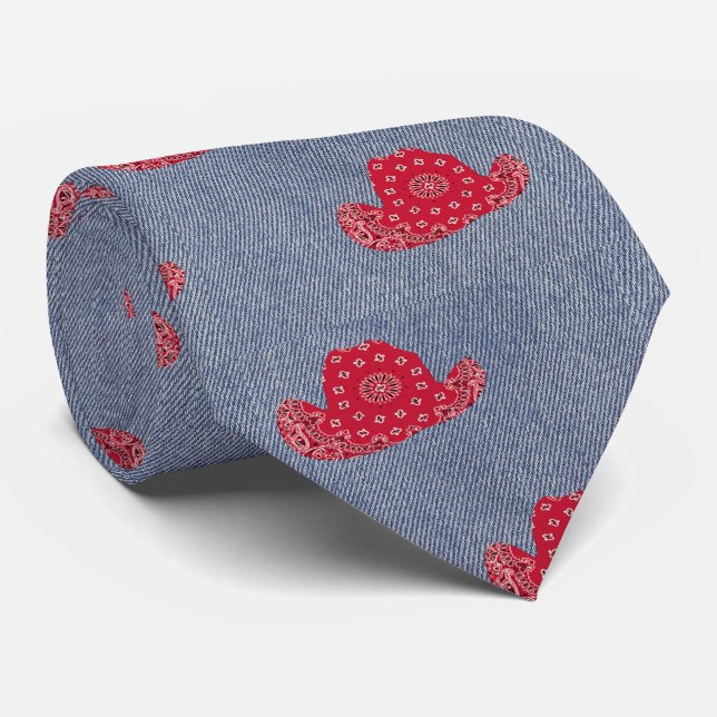 Denim Print With Red Bandana Cowboy Hats Western Neck Tie (Rolled)