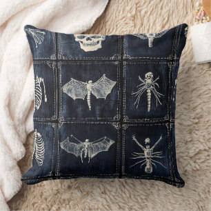 Denim Quilt with Skulls & Insects Throw Pillow