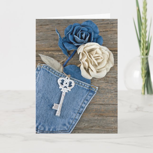 Denim Roses in Pocket Birthday Card (Front)
