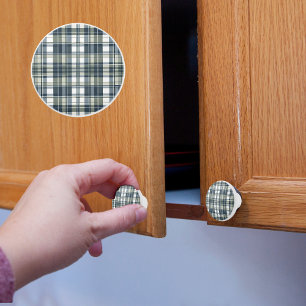 Denim Sage White Plaid Ceramic Knob