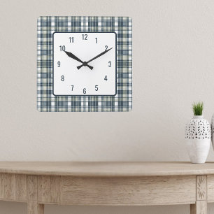 Denim Sage White Plaid Square Wall Clock