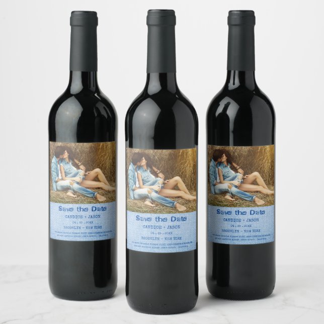 Denim Save the Date Trendy Engaged Romantic Couple Wine Label (Bottles)