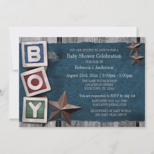 Denim, Stars, &amp; Blocks Country Boy Baby Shower Cards