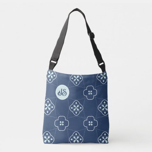 Denim Style Blue and Mint Flower Tiled Pattern Crossbody Bag