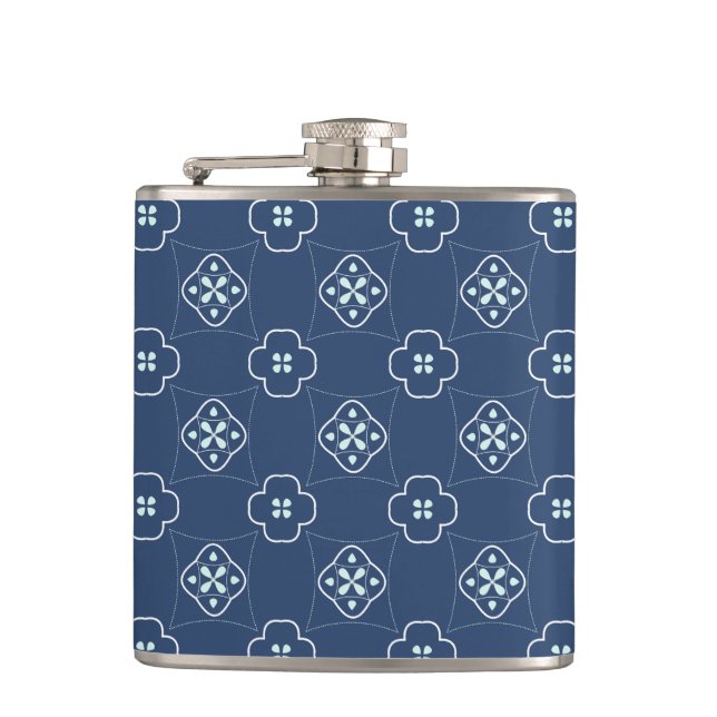 Denim Style Blue and Mint Flower Tiled Pattern Flask (Front)