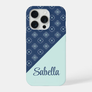 Denim Style Blue and Mint Flower Tiled Pattern iPhone 15 Pro Case