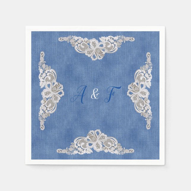 Denim Texture and cream Lace Napkins (Front)