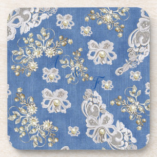 Denim Texture Ivory-pearls and Lace Beverage Coaster
