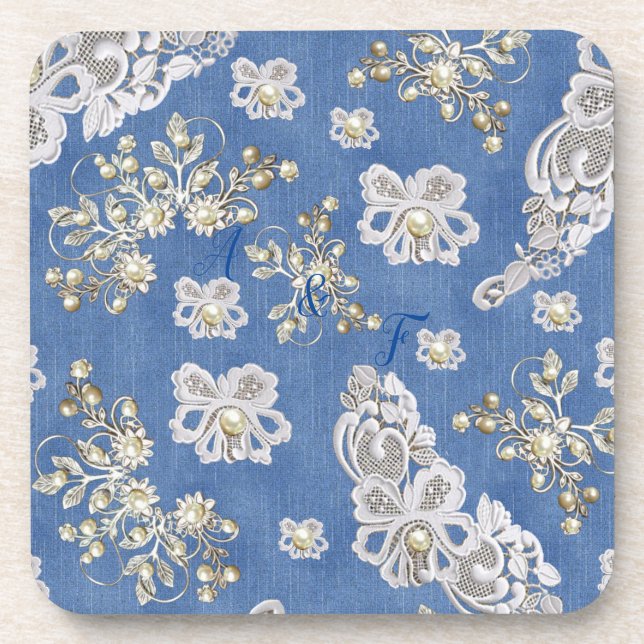 Denim Texture Ivory-pearls and Lace Beverage Coaster (Front)