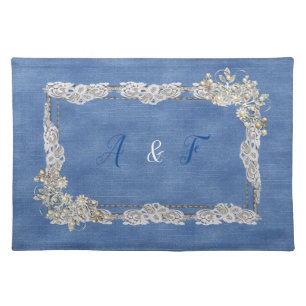 Denim Texture, Ivory-pearls and Lace Cloth Placemat
