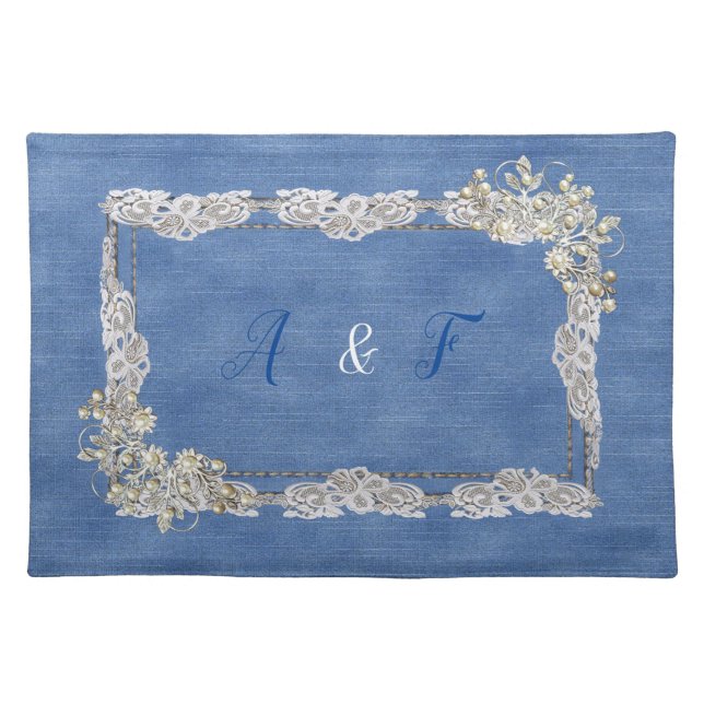 Denim Texture, Ivory-pearls and Lace Cloth Placemat (Front)