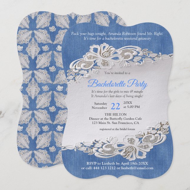 Denim Textured and flower Lace Invitation (Front/Back)