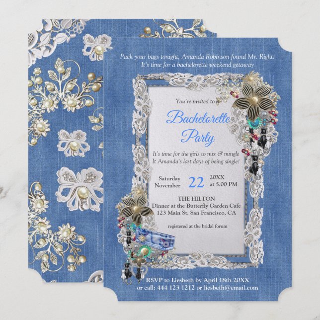 Denim Textured flower Lace and Costume Jewelry Invitation (Front/Back)