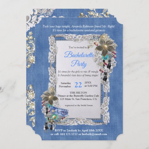 Denim Textured flower Lace and Costume Jewelry Invitation