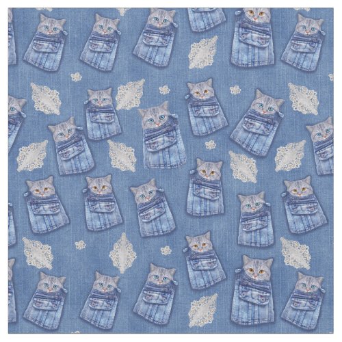 Denim textured Kitten Fun Seamless Repeats Fabric