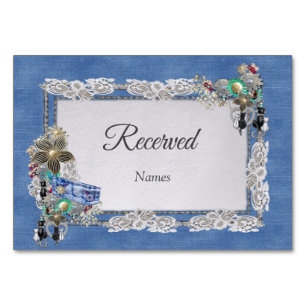 Denim Textured Lace and Costume Jewelry Table Number