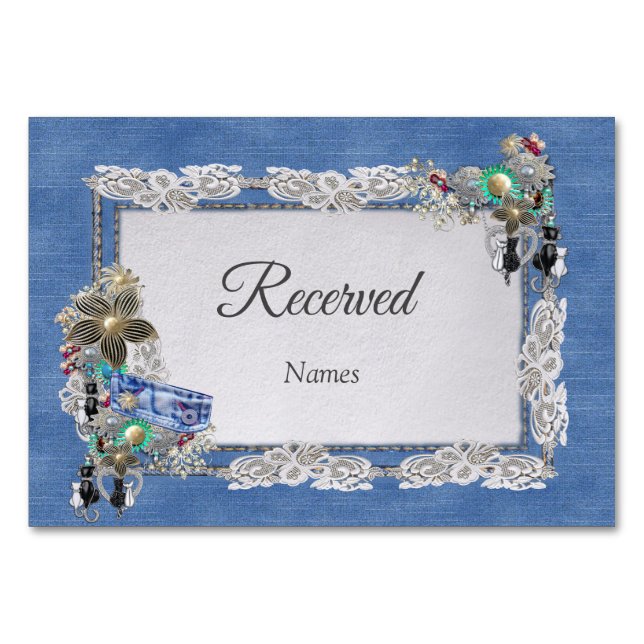 Denim Textured Lace and Costume Jewelry Table Number (Front)