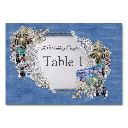 Denim Textured Lace and Costume Jewelry Table Number