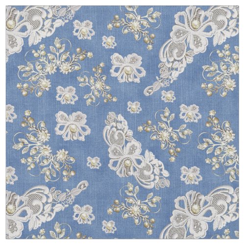 Denim Textured Lace and Pearls Fabric