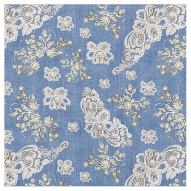 Denim Textured Lace and Pearls Fabric (Close Up)
