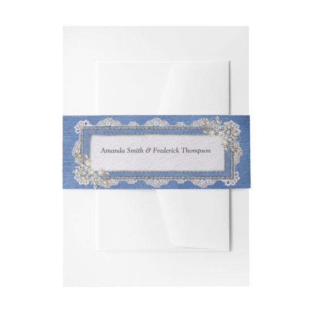 Denim Textured Lace and Pearls Invitation Belly Band (Front Example)