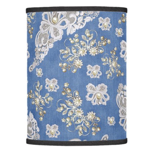 Denim Textured Lace and Pearls Lamp Shade