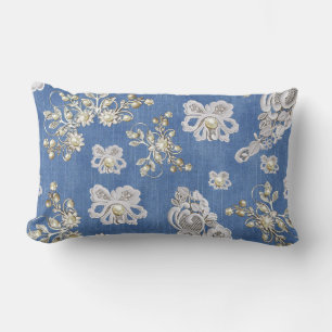 Denim Textured Lace and Pearls Lumbar Pillow