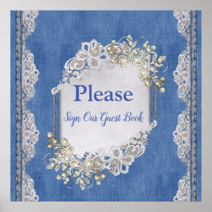 Denim Textured Lace and Pearls Poster