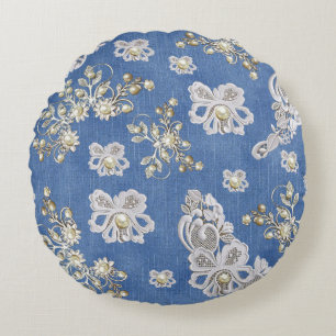 Denim Textured Lace and Pearls Round Pillow
