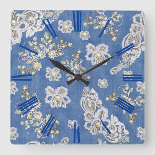 Denim Textured Lace and Pearls Square Wall Clock