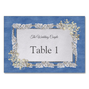 Denim Textured Lace and Pearls Table Number