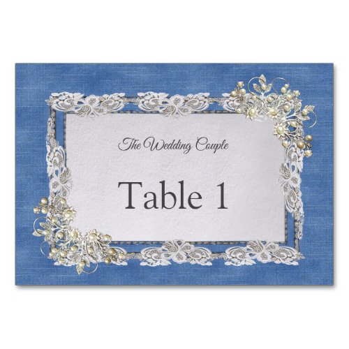 Denim Textured Lace and Pearls Table Number