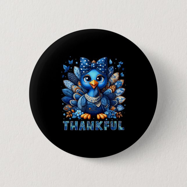 Denim Thankful Turkey Grandma Mama Mom Give Thanks Button (Front)