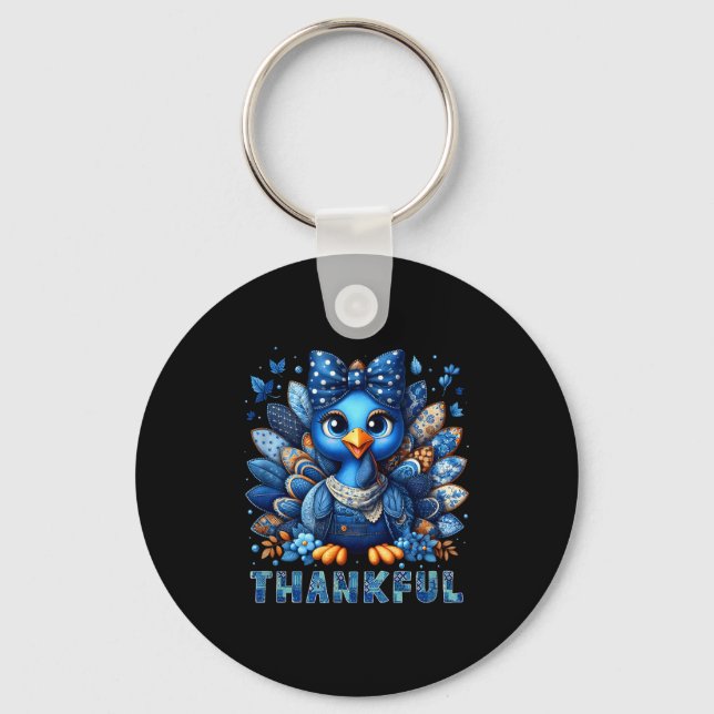Denim Thankful Turkey Grandma Mama Mom Give Thanks Keychain (Front)