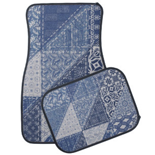Denim Triangle Patchwork Vintage Texture. Car Floor Mat