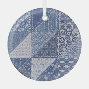 Denim Triangle Patchwork Vintage Texture. Glass Ornament