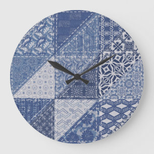 Denim Triangle Patchwork Vintage Texture. Large Clock