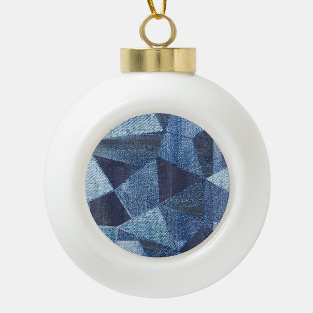 Denim Urban: Distressed Striped Patchwork. Ceramic Ball Christmas Ornament (Front)