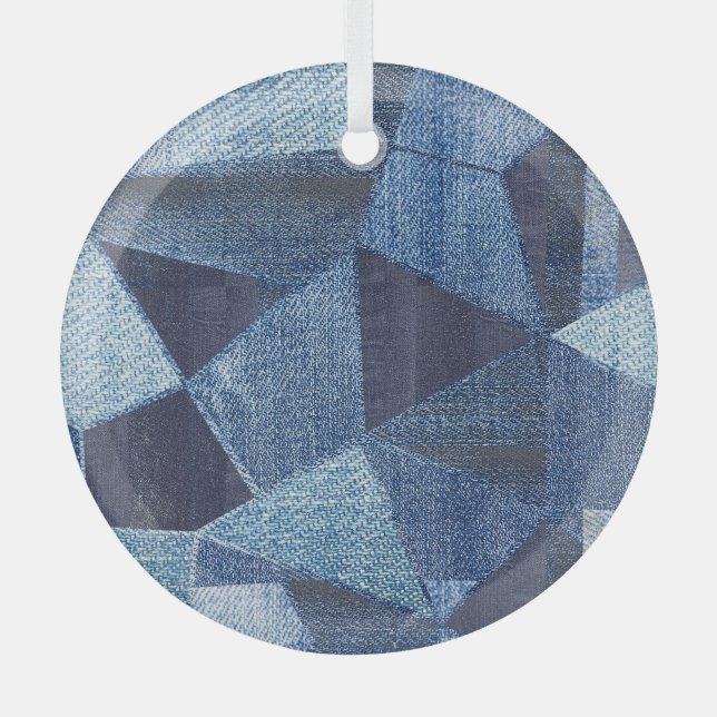 Denim Urban: Distressed Striped Patchwork. Glass Ornament (Front)