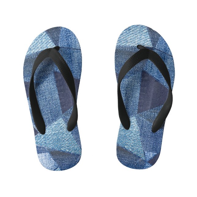 Denim Urban: Distressed Striped Patchwork. Kid's Flip Flops (Footbed)