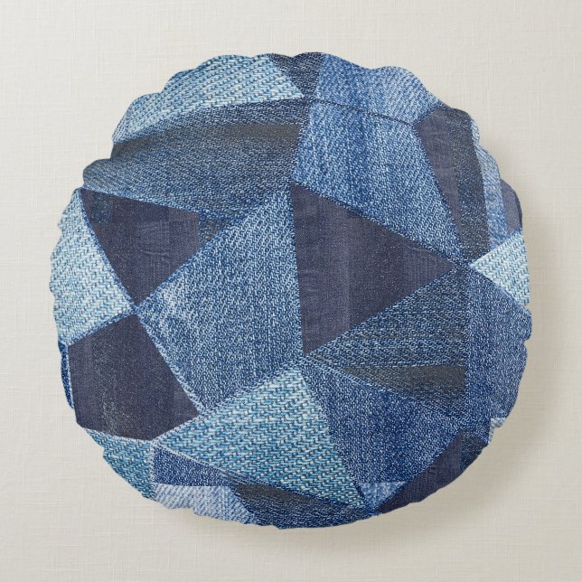 Denim Urban: Distressed Striped Patchwork. Round Pillow (Front)