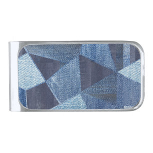 Denim Urban: Distressed Striped Patchwork. Silver Finish Money Clip