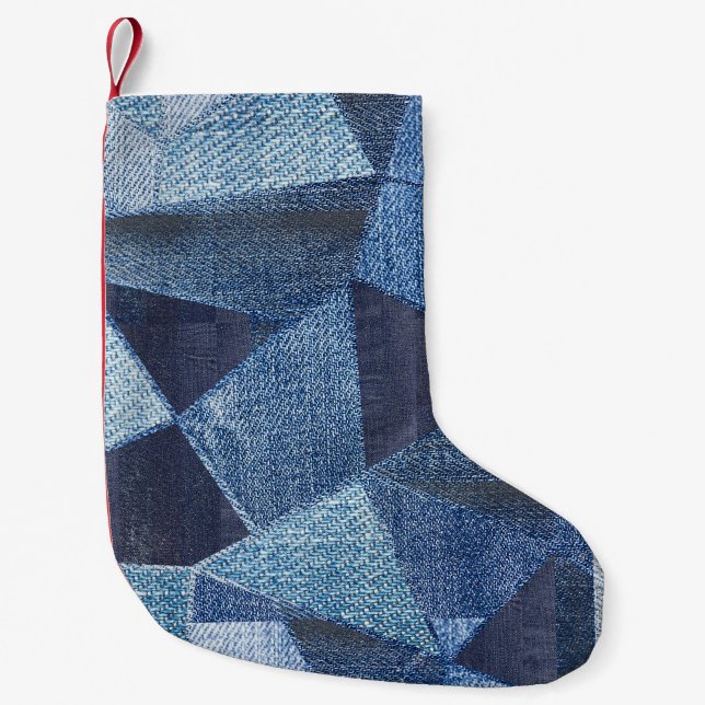 Denim Urban: Distressed Striped Patchwork. Small Christmas Stocking (Front)
