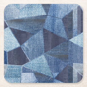 Denim Urban: Distressed Striped Patchwork. Square Paper Coaster